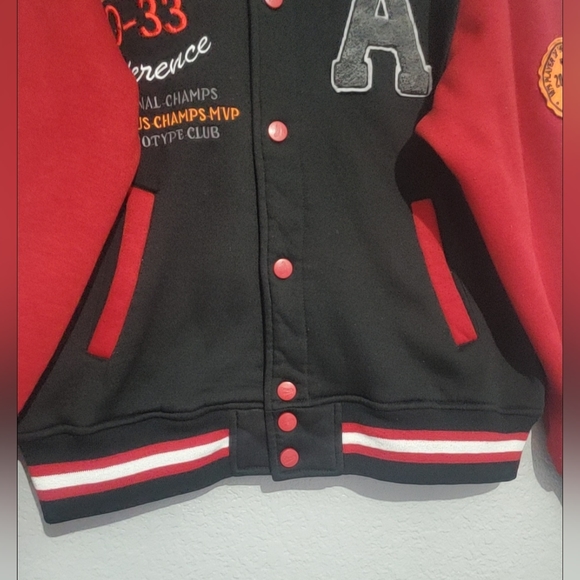 Riflessi Juniors Varsity Fleece Bomber Jacket S Snapped Black/ Red Cotton Blend - Picture 9 of 16